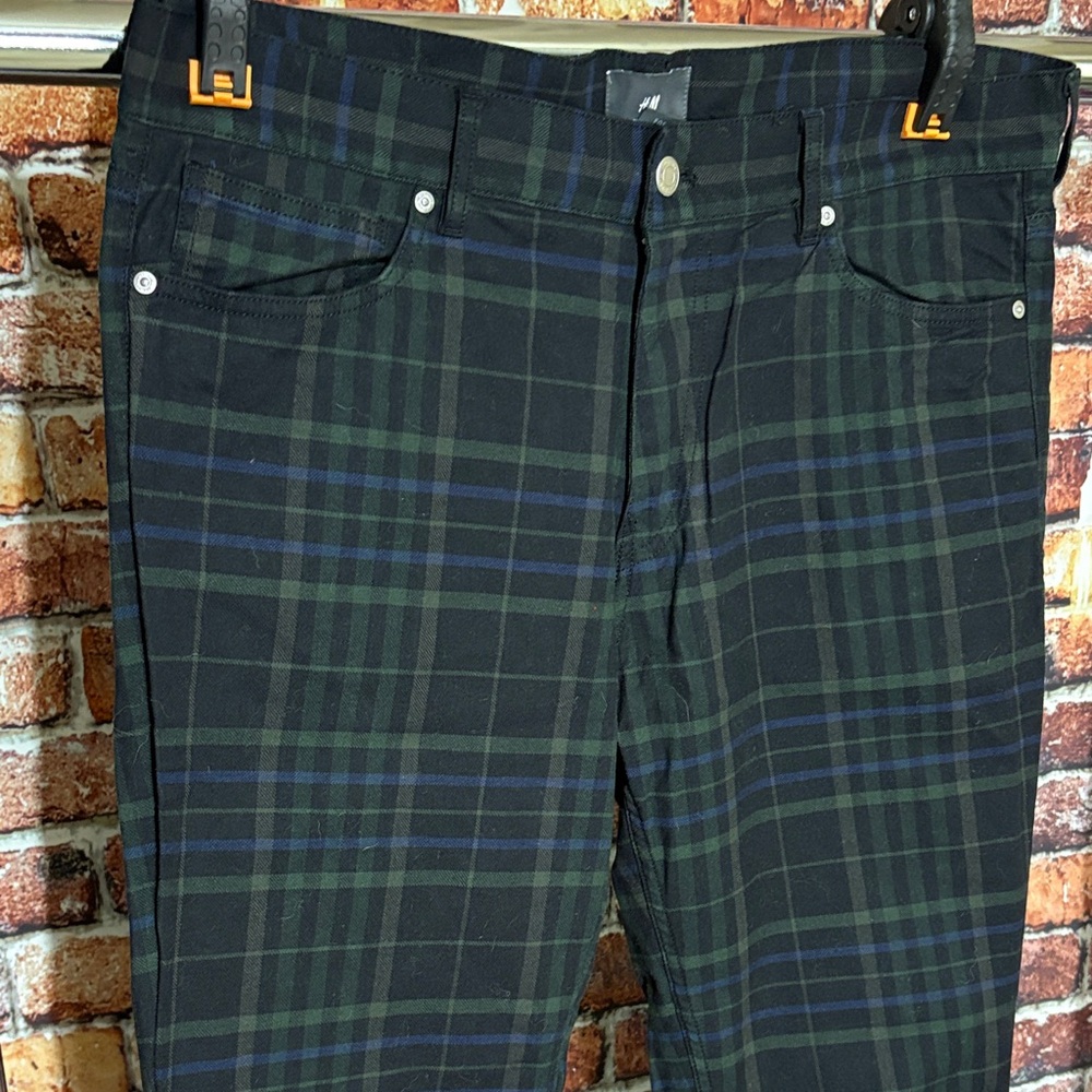 H&M green black watch plaid Trousers pants 34 skinny fit punk goth business